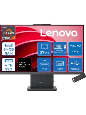 Lenovo Ideacentre Aıo 27ARR9 Amd Ryzen 7 7735HS 64GB Ddr5 4tb SSD Freedos Radeon 680M 27 Inç Fhd (1920X1080) IPS 300NITS Koyu Gri All In One Bilgisayar ICF0HQ00AATRF30 + Zetta Flash Bellek