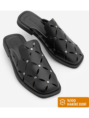 Marjin Kadın Hakiki Deri Önü Kapalı Zımbalı Küt Burun Sabo Günlük Terlik Tavire Siyah