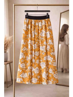 BBS Kız Çocuk Hardal Çiçek Desenli Beli Lastikli Astarsız Etek