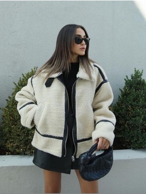 Moda Morfo Taş Renkli Deri Biyeli Peluş Mont %50 Polyester %50 Pamuk Sonbahar Kış Modası