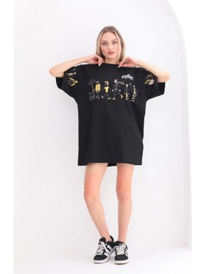 Pileli Store Bisiklet Yaka Baskılı Oversize T-Shirt - Siyah -