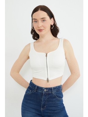FullaModa Basic Çift Fermuarlı Kaplı Bluz