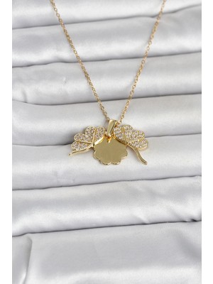 316L Çelik Gold Renk Açılabilir Yonca Model Zirkon Taşlı Kadın Kolye - Lisinya