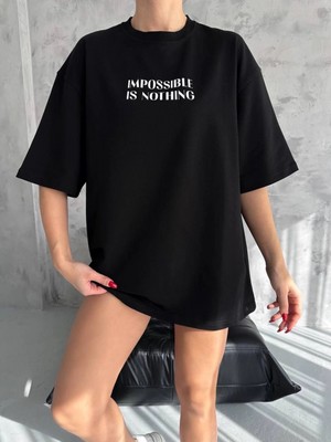 Pileli Store Bisiklet Yaka Baskılı Oversize T-Shirt - Siyah -