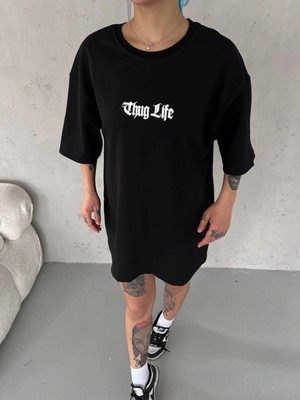 Pileli Store Bisiklet Yaka Baskılı Oversize T-Shirt - Siyah -