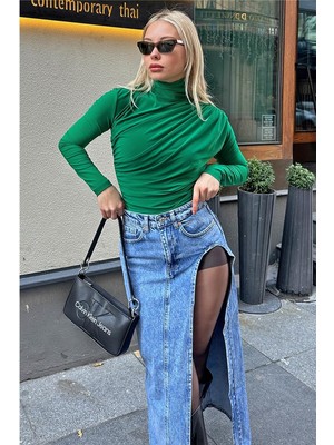 Swist Yeşil Yarım Balıkçı Omuz ve Bel Drapeli Kadın Bluz Crop