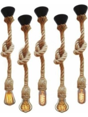 PremiumPort Şık Jüt Halat Sarkıt Avize Seti, 5 Adet Rozantlı Dekorasyon Parçası