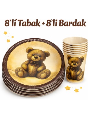 Bkmc Vintage Ayıcık Doğum Günü Seti – 8’li Tabak & Bardak