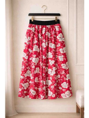 BBS Kız Çocuk Kırmızı Çiçek Desenli Beli Lastikli Astarsız Etek