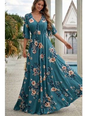 Passense Kadın Kısa Kollu V Yakalı Desenli Süprem Elbise