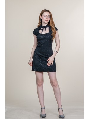 MissVina Fiyonk Yaka Detaylı Simli Mini Elbise 50381