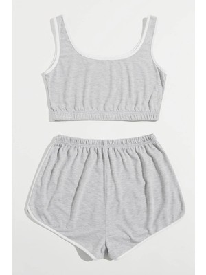 Kadın Gri Askılı Crop Top ve Şortlu Gecelik Takım