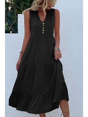 Passense Kadın Askılı V Yakalı Önden Düğmeli Midi Viskon Elbise