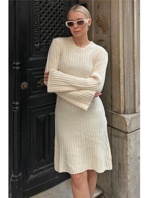 Swist Bej Bisiklet Yaka Fitilli Örgü Kadın Mini Triko Elbise