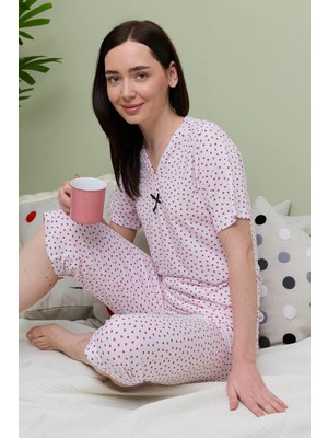 FullaModa Kalp Desenli Kısa Kol Büyük Beden Kapri Pijama Takımı