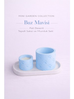 Korixa Korıxa Mini Garden Buz Mavisi Saksı ve Mumluk Seti – Tepsili Dekoratif 3’lü Masa Üstü Set (Patidesenli)