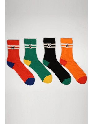 Katia & Bony Unisex Hayvan Desenli 4'lü Paket Soket Çorap Siyah/yeşil/kırmızı/turuncu
