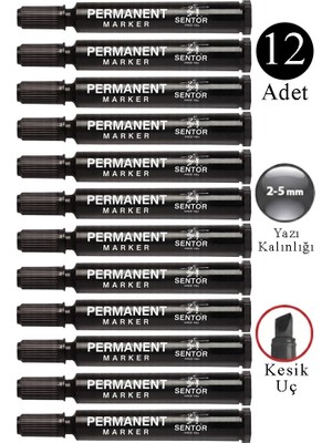Artlantis Siyah Permanent Markör Kalem Kesik Uç 12 Adet Sentör Kalıcı Marker Kalem Tüm Koli Karton Çuval Cam Plastik Yüzeylerde