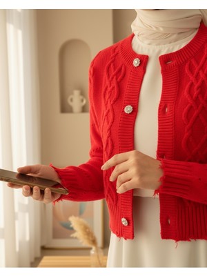 Moda Morfo Taş Düğmeli Yırtıklı Krop Hırka  -Nar Çiçeği
