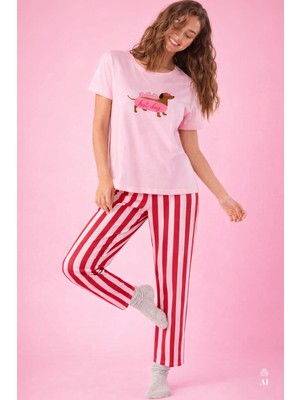 Koza İç Giyim Kadın Pamuklu Renkli Köpek Baskılı Örme Pijama Takımı