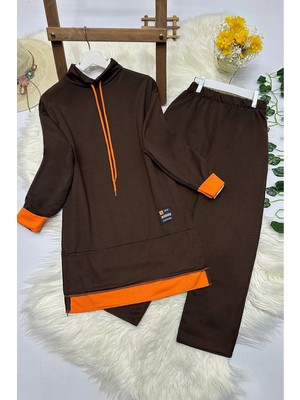 Moda Morfo Turuncu Detaylı İki İp Penye İkili Takım -Kahve