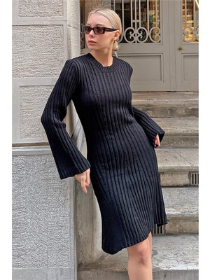 Swist Siyah Bisiklet Yaka Fitilli Örgü Kadın Mini Triko Elbise