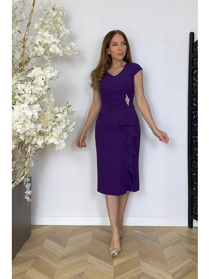 G1762 Drape ve Taş Detaylı Volanlı Abiye Elbise Mor