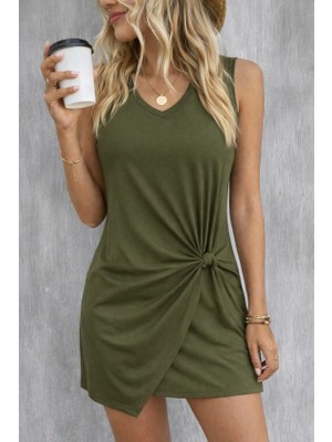 Flamex Kadın Askılı V Yakalı Yandan Asimetrik Detaylı Kısa Viskon Elbise