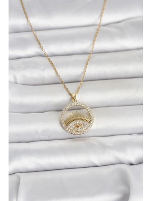 316L Çelik Gold Renk Zirkon Taşlı Göz Model Kadın Kolye - TJ-BKO11046 Midastech