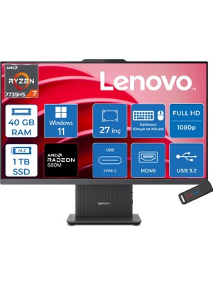 Lenovo Ideacentre Aıo 27ARR9 Amd Ryzen 7 7735HS 40GB Ddr5 1tb SSD Windows 11 Home Radeon 680M 27 Inç Fhd (1920X1080) IPS 300NITS Koyu Gri All In One Bilgisayar ICF0HQ00AATRH18 + Zetta Flash Bellek