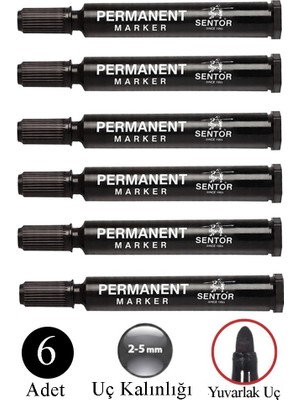 Artlantis Siyah Permanent Markör Kalem Yuvarlak Uç 6 Adet Sentör Kalıcı Marker Kalem Tüm Koli Karton Çuval Cam Plastik Yüzeylerde