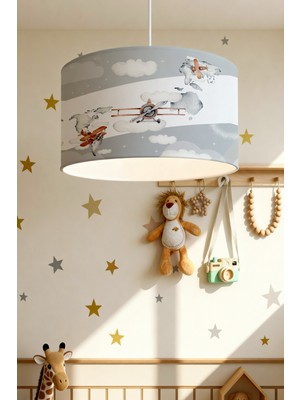 PremiumPort Gri Yan Şeritli Uçaklar Desenli Çocuk Odası Avizesi