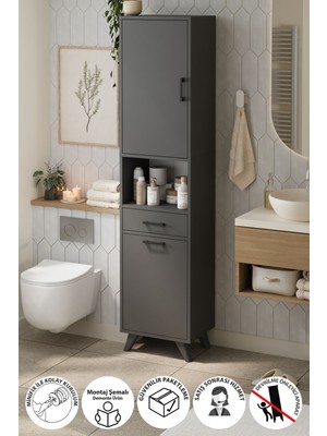Bofigo Çok Amaçlı Dolap Banyo Dolabı Kirli Çamaşır Sepeti Dolabı Şelale Antrasit