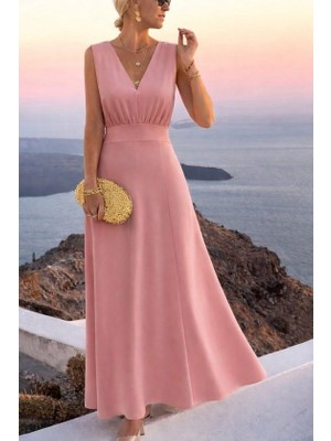 Flamex Kadın Askılı V Yakalı Bel Korsaj Detaylı Uzun Ithal Krep Elbise