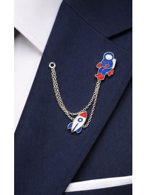 Herşey Nota Astronot Roket Figürlü Gümüş Renk Zincirli Yaka Iğnesi Unisex