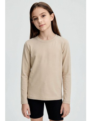 Bej O Yaka Standart Fit Basic Uzun Kollu Unisex Çocuk T-Shirt - 11329