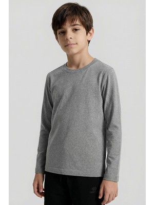 Gri Melanj O Yaka Standart Fit Basic Uzun Kollu Unisex Çocuk T-Shirt - 11329