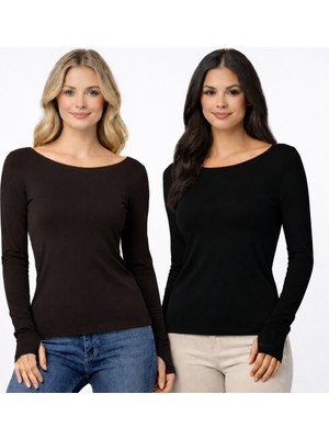 Hayalet Kadın Ikili Set Ultra Soft Premium Relax Basic T-Shirt – Parmak Geçirmeli, Slim Fit, Uzun Kollu