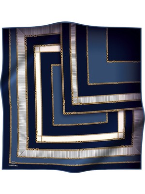 Vissona % 57 Ipek % 43 Viskon Twill Ipek Zincir Detaylı Geometrik Desenli Lacivert - Indigo Renkli 90X90 Eşarp Dikim Şekli : El Dikişi