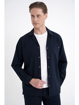 Efor Comfort Fit Apaş Yaka  Doku Desenli %100 Pamuk Lacivert Gömlek Ceket G 1601