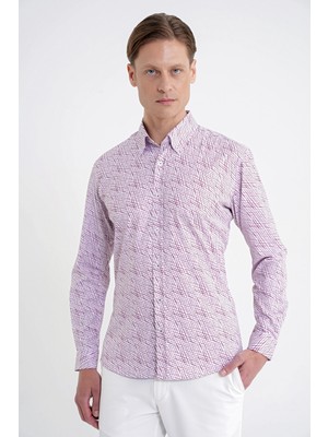Efor Slim Fit Pamuklu Baskılı Desen Yaka Düğmeli Bordo Gömlek G 1603