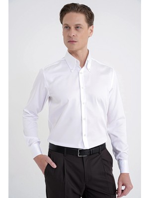 Efor Erkek Slim Fit Düğmeli Yüksek Yaka %100 Pamuklu Saten Düz Beyaz Gömlek GK 760