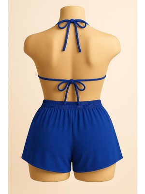 Kadın Mavi Şortlu Belden ve Boyundan Bağlamalı Bikini Takımı