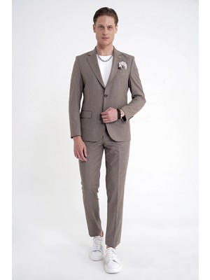 Efor Slim Fit Mono Yaka Esnek Yünlü Bej Çizgili Takım Elbise Tk 942