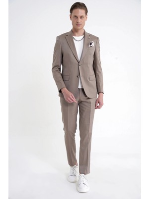 Efor Slim Fit Mono Yaka %97 Tencel Kumaş Çift Yırtmaç Esnek Bej Takım Elbise TK 941