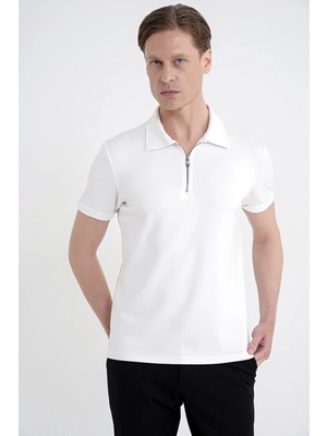 Efor Erkek Slim Fit Esnek Pamuklu Fermuarlı Ekru Polo Yaka Tişört TS 926