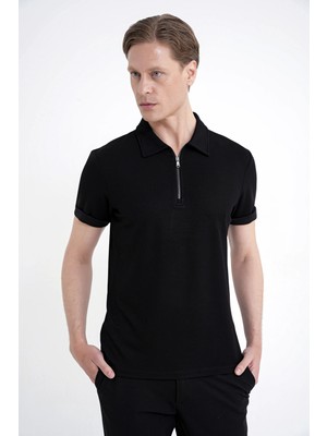 Efor Erkek Slim Fit Esnek Pamuklu Fermuarlı Siyah Polo Yaka Tişört TS 926