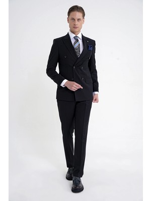 Efor Slim Fit Çift Yırtmaç %95 Pamuk Lacivert Çizgili Kruvaze Takım Elbise TK 945
