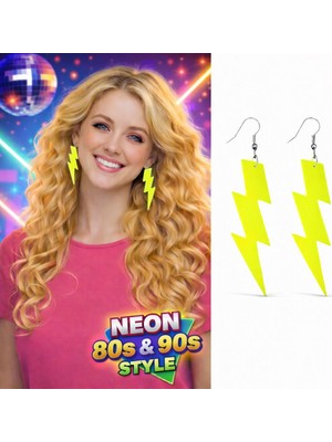 Kont 80’ler 90'lar Retro Neon Sarı Şimşek Küpe 10 cm