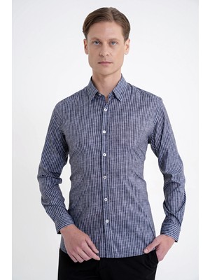 Efor Erkek Slim Fit Klapa Yaka Esnek Pamuklulu Siyah Çizgili Gömlek G 1599